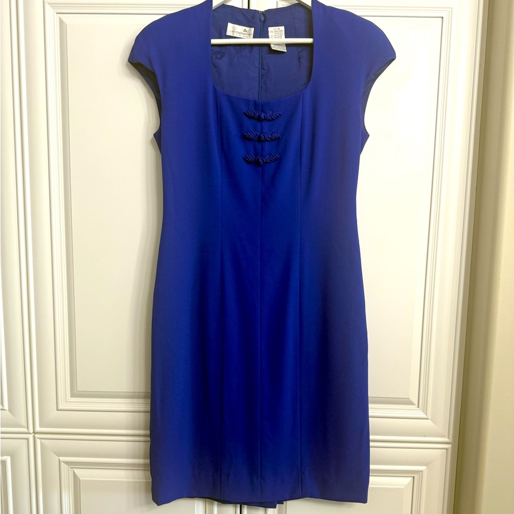 Vtg Liz Claiborne Sz 8 Blue Sleeveless Sheath Midi Dress Square Neck Blue Knots